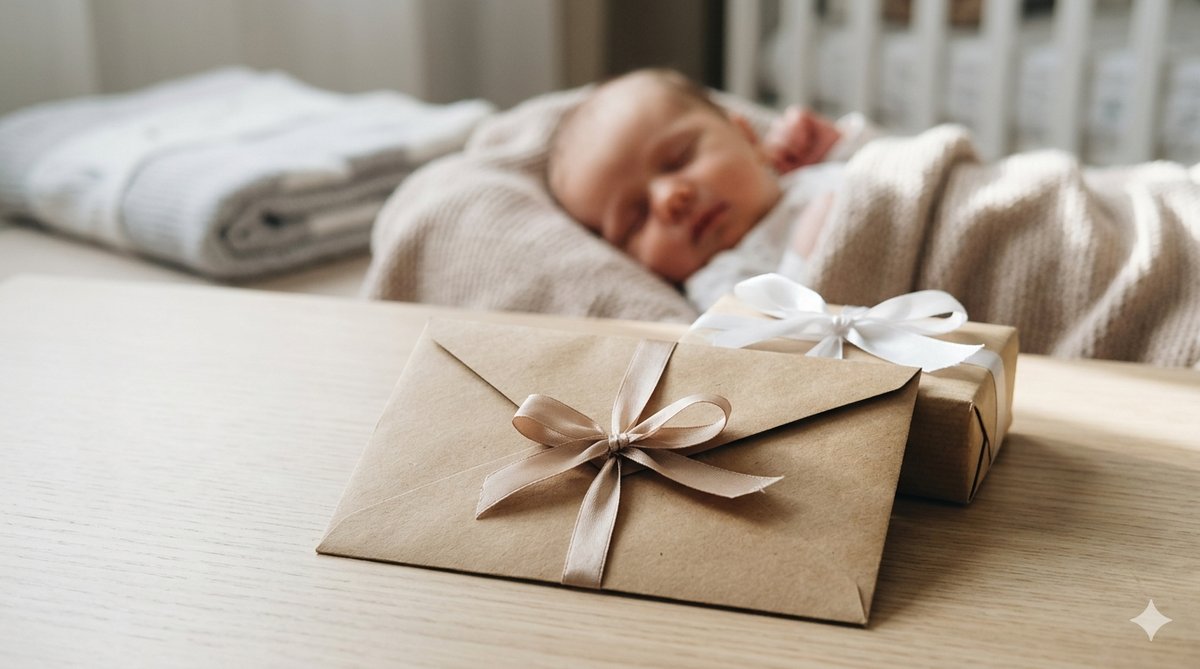 Bon cadeau séance photo bébé présenté dans une jolie enveloppe kraft, cadeau de naissance original en Belgique