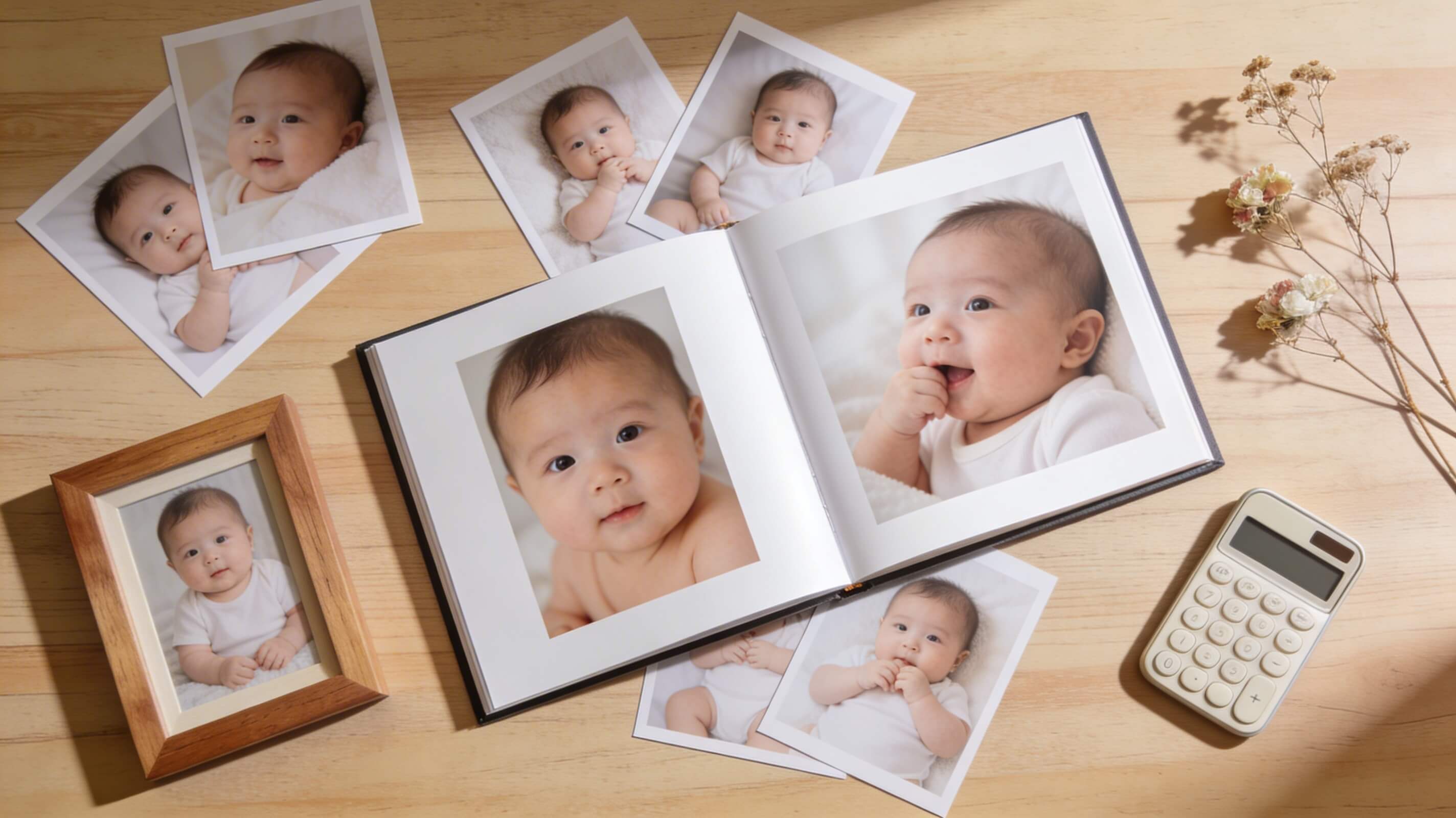Flat lay sur table en bois montrant un album photo de bébé ouvert, des tirages papier, un cadre photo et une calculatrice, illustrant le rapport qualité-prix d'une séance photo bébé en Belgique