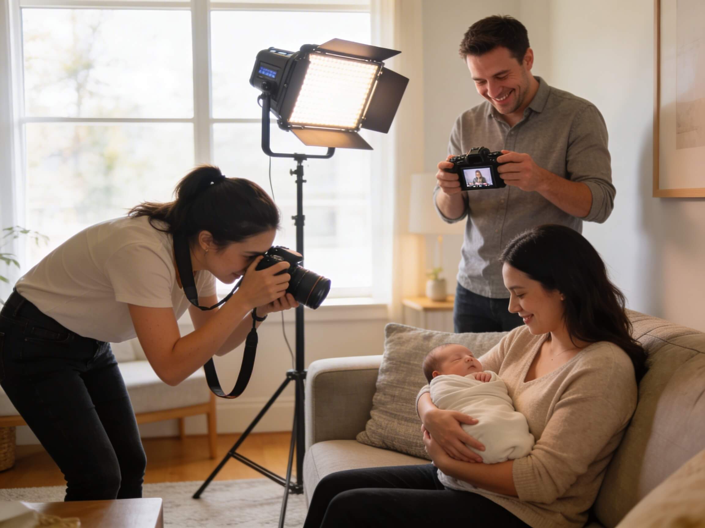 Photographe professionnelle en action lors d'une séance nouveau-né à domicile, avec éclairage portable et assistant, capturant bébé dans les bras de sa maman sur un canapé dans un salon lumineux