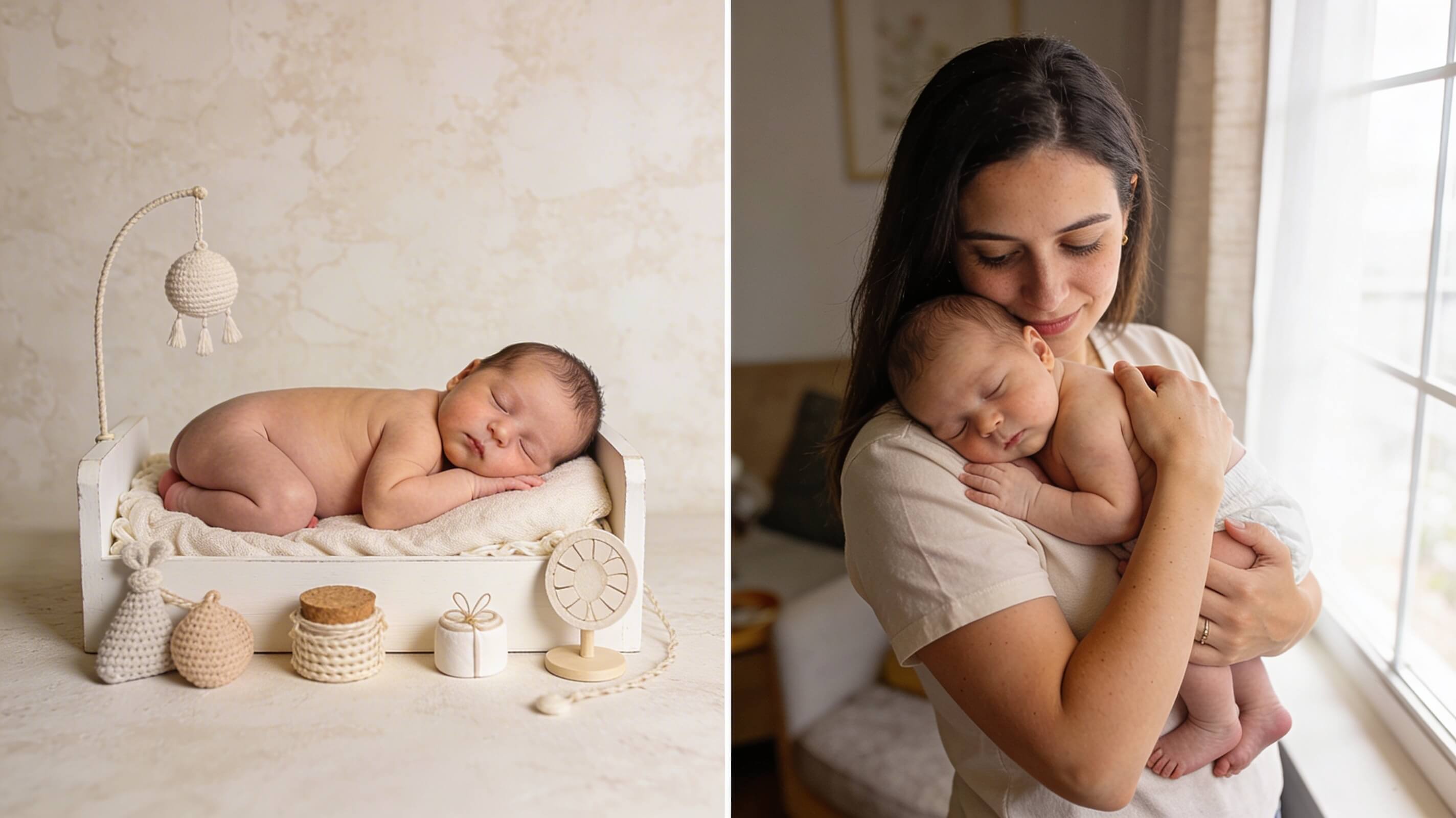 Comparaison côte à côte : à gauche un posing studio artistique d'un nouveau-né endormi dans un berceau blanc avec accessoires, à droite une photo lifestyle naturelle d'une maman tenant tendrement son bébé près d'une fenêtre