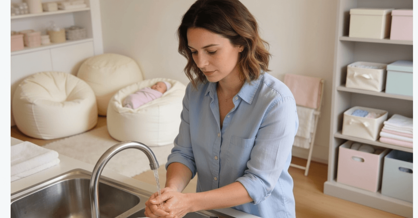 Photographe professionnelle se lavant soigneusement les mains dans un studio photo bébé équipé, avec des nourrissons emmaillotés visibles en arrière-plan, illustrant les protocoles d'hygiène indispensables