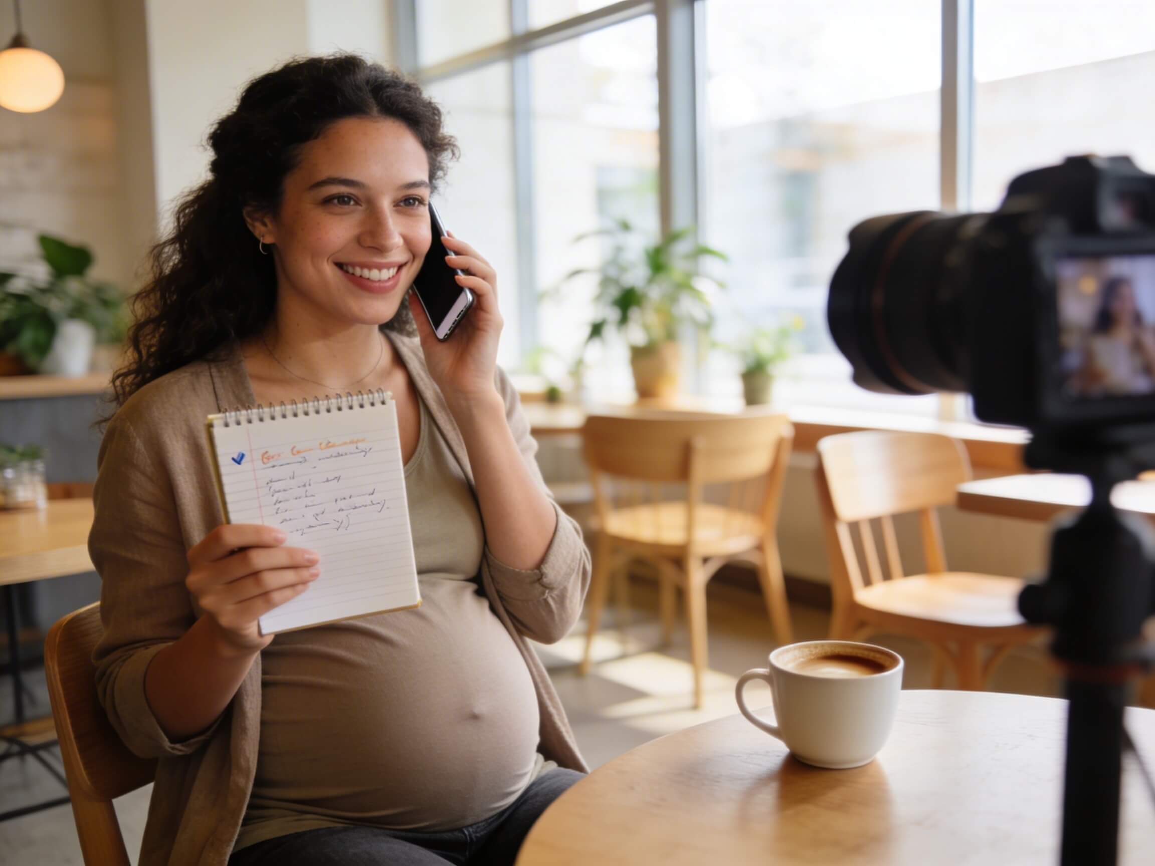 Future maman enceinte souriante en conversation téléphonique avec un carnet de notes à la main, illustrant la préparation de la liste de questions à poser avant de réserver une séance photo bébé