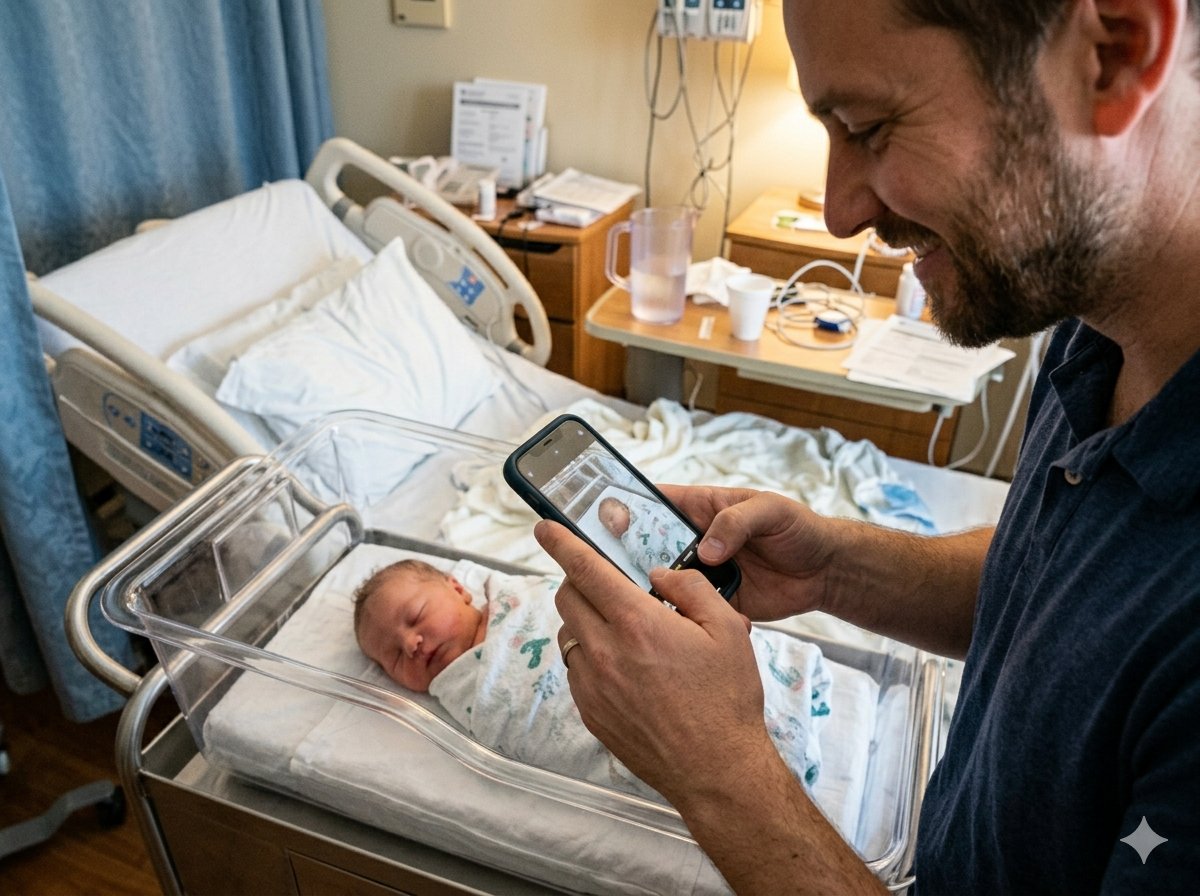Photographe de naissance capturant les premiers instants en salle d'accouchement, lumière naturelle