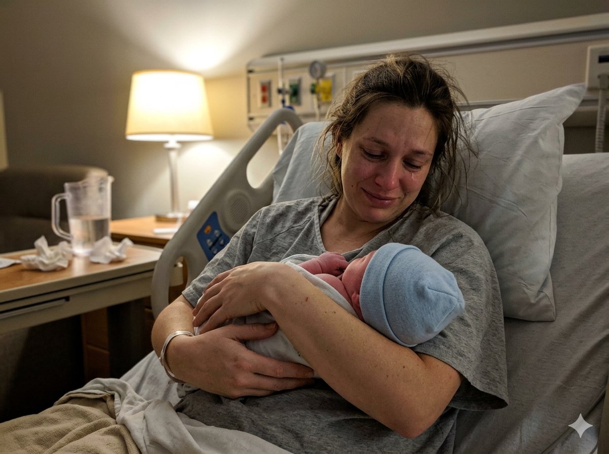 Nouveau-né dans les bras de sa mère à la maternité, premières heures après la naissance