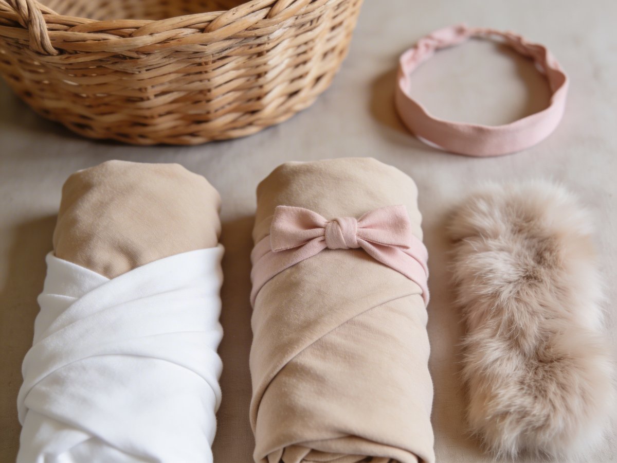 Accessoires photographiques minimalistes pour bébé : wraps, headbands et textures douces