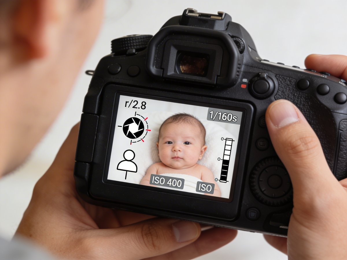 Écran d'appareil photo montrant les réglages recommandés pour photographier un bébé