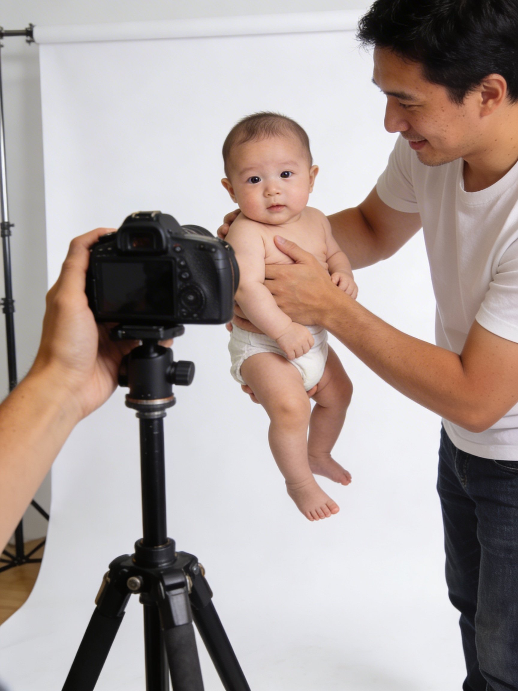 Photographe professionnel prenant photo identité bébé avec équipement adapté