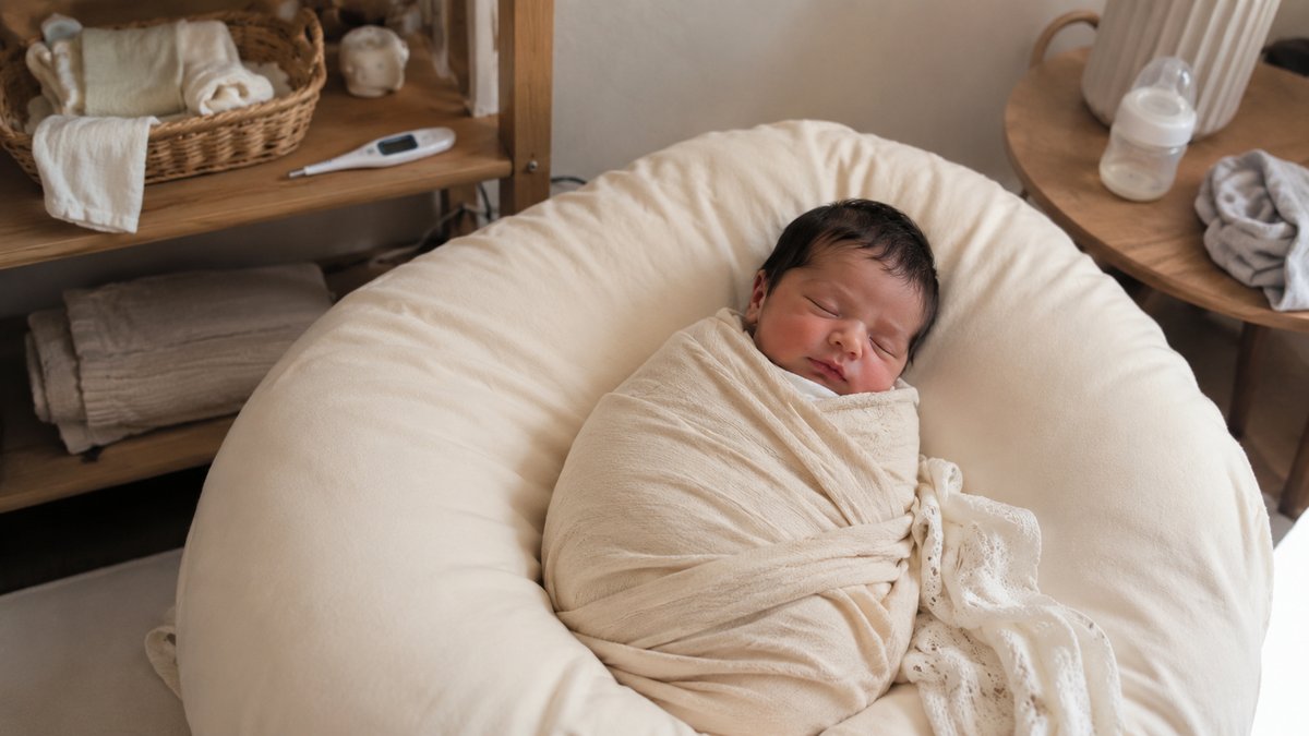 Nouveau-né emmailloté dans un wrap beige crème, endormi sur une couverture texturée lors d'une séance photo professionnelle