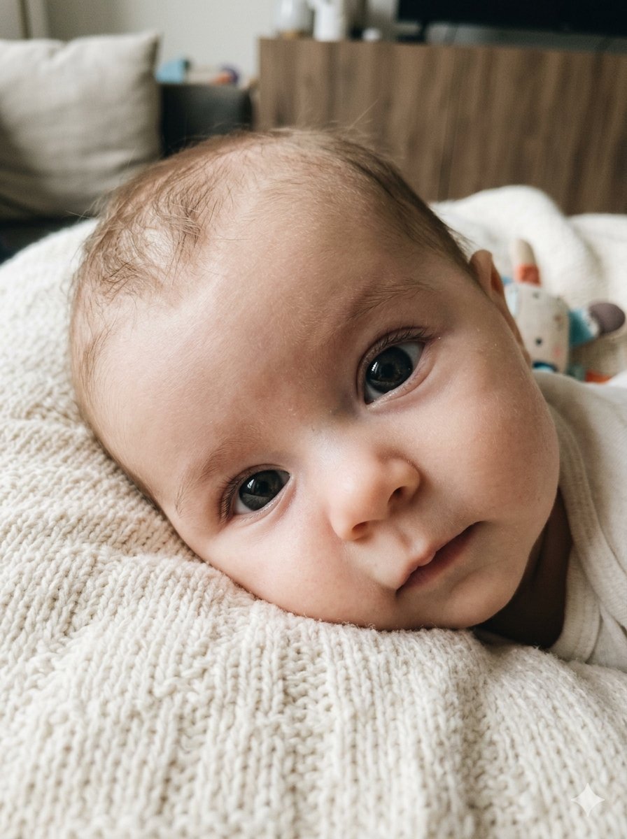 Bébé de 3 mois éveillé sur le ventre, soulevant la tête pendant une séance photo lifestyle