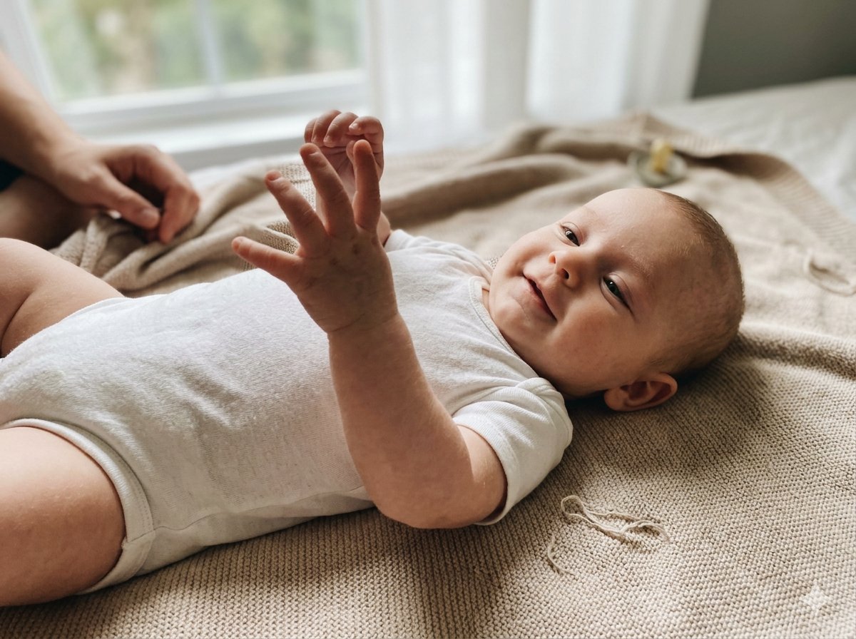 Bébé de 3 mois souriant lors d'une séance photo en studio avec lumière naturelle douce