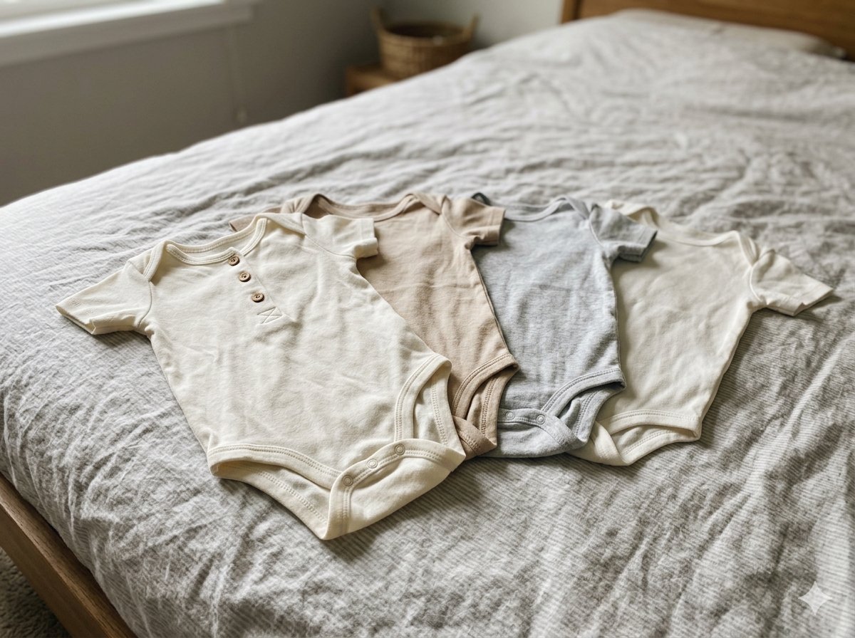 Sélection de tenues simples et neutres pour séance photo bébé 3 mois disposées sur une table