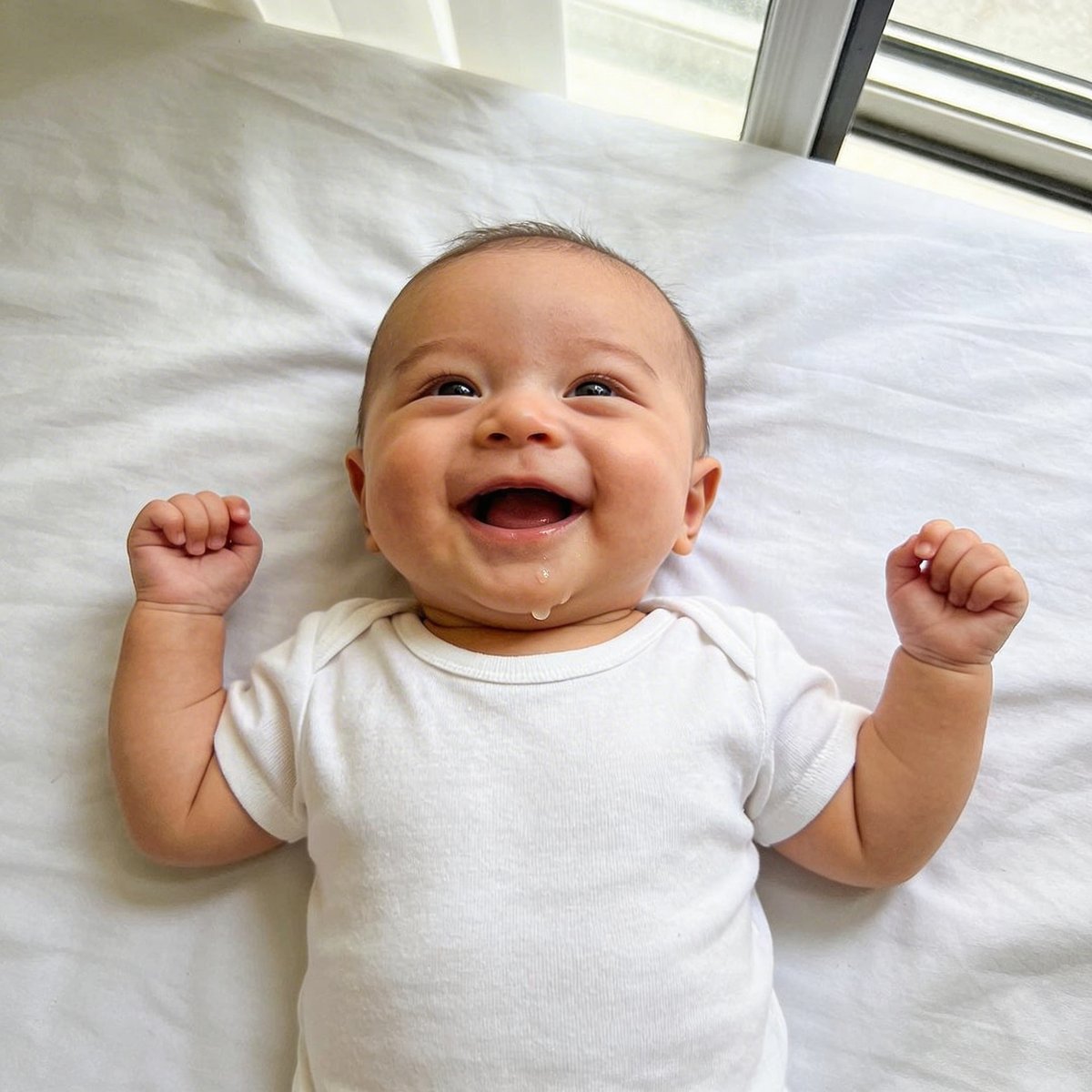 Bébé d'environ 1 mois éveillé sur drap blanc, yeux grands ouverts et poings levés en body blanc