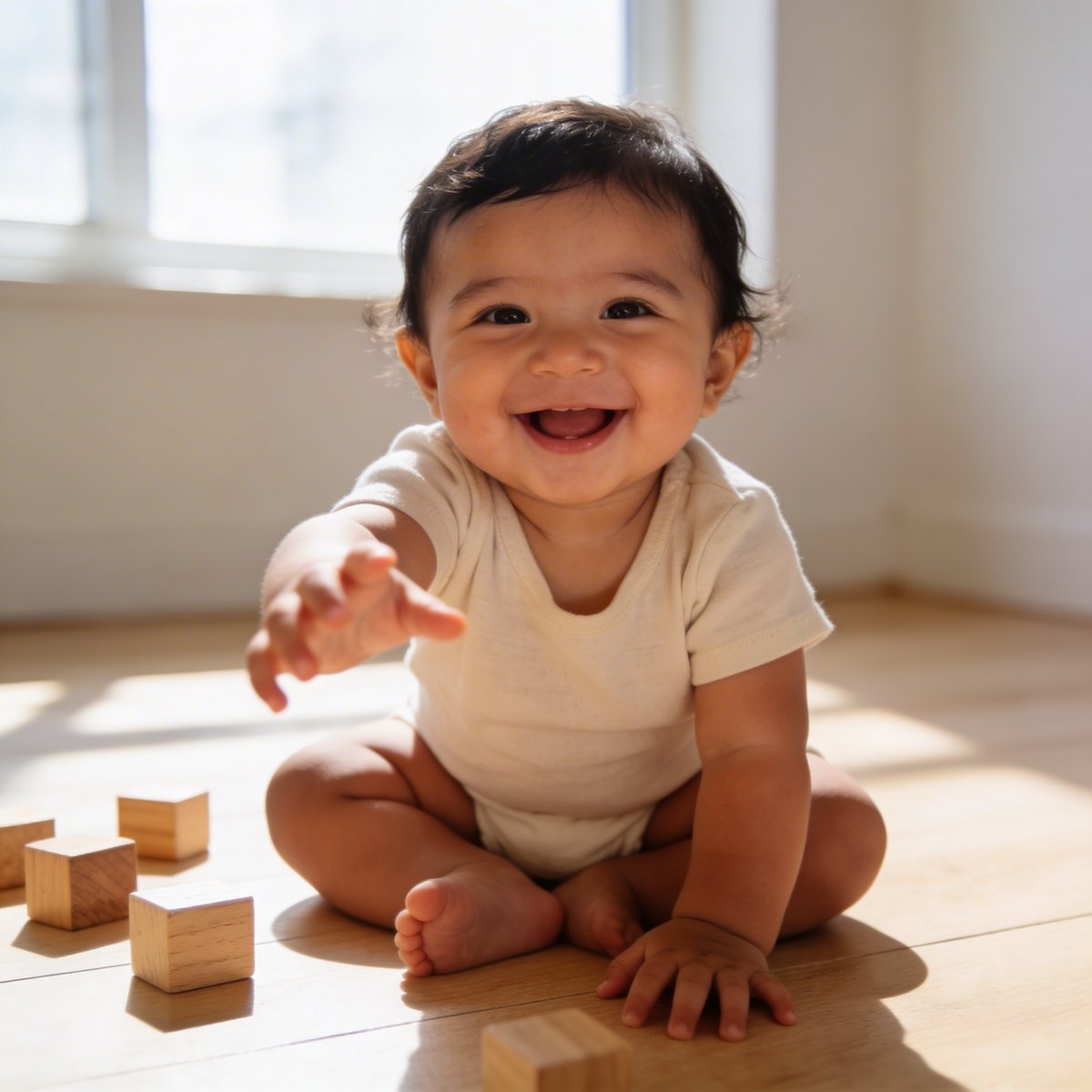 Bébé de 3-6 mois assis qui tend la main vers l'objectif avec un grand sourire curieux