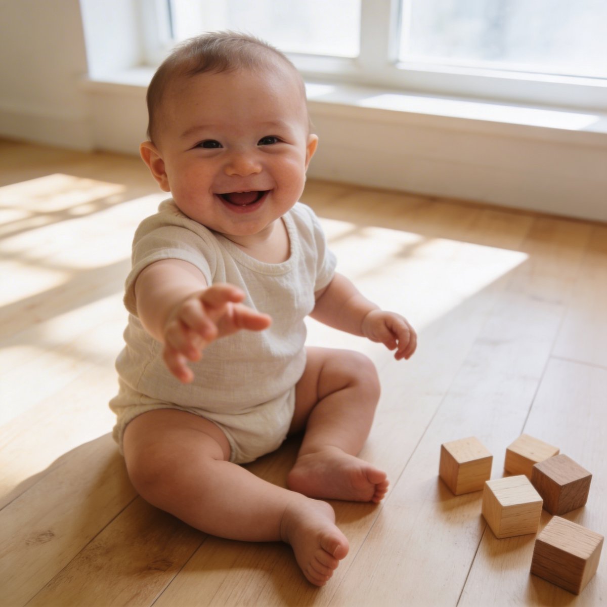 Bébé de 6-9 mois assis en toute autonomie avec un grand sourire lors d'une séance photo