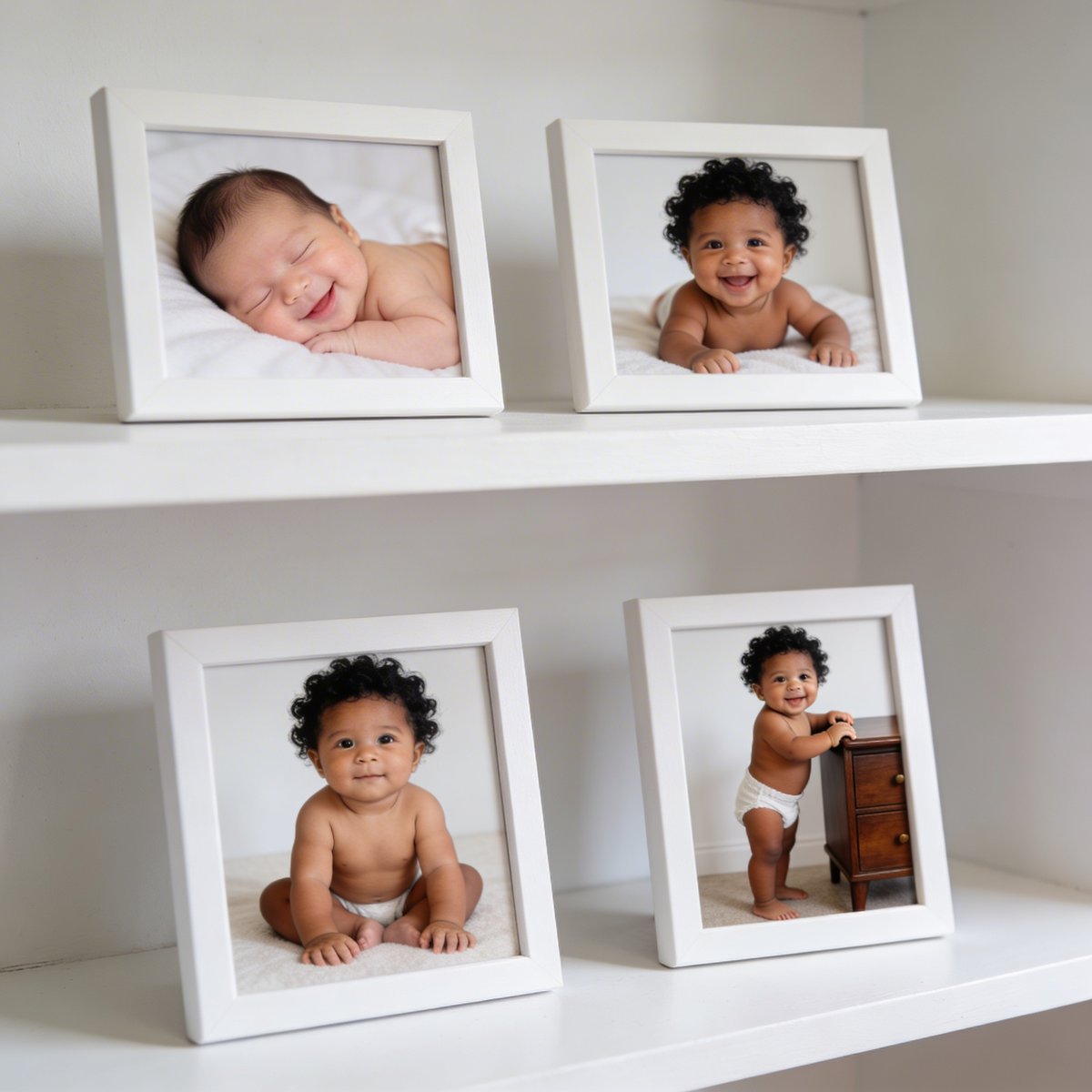 Quatre cadres photo posés sur étagère illustrant les étapes du suivi de croissance : nouveau-né, tummy time, bébé assis et debout