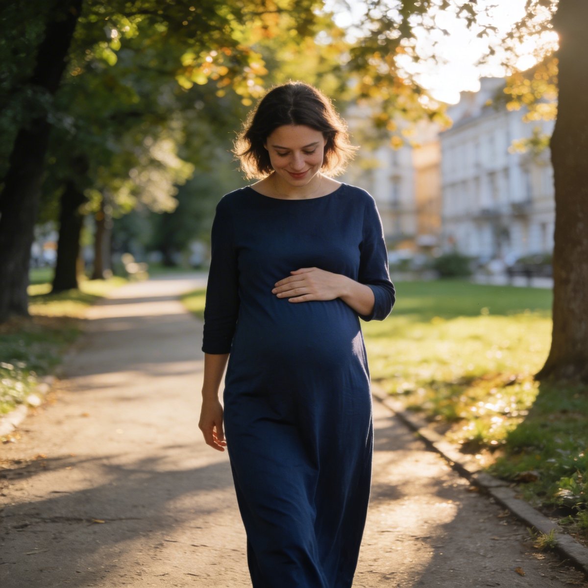 Future maman en robe bleu marine marchant sur un chemin de parc européen pendant une séance photo extérieure