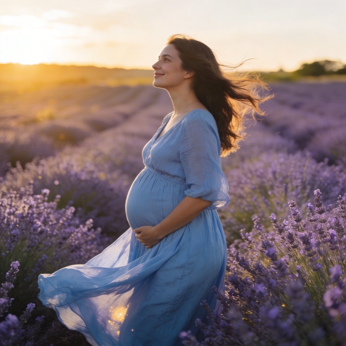 Future maman en robe bleue dans un champ de lavande au coucher du soleil, image lumineuse et apaisante