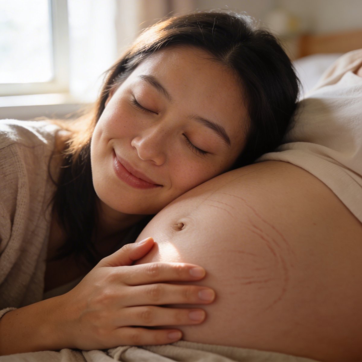 Future maman allongée joue posée contre son ventre rond, moment intime authentique avec vergetures visibles