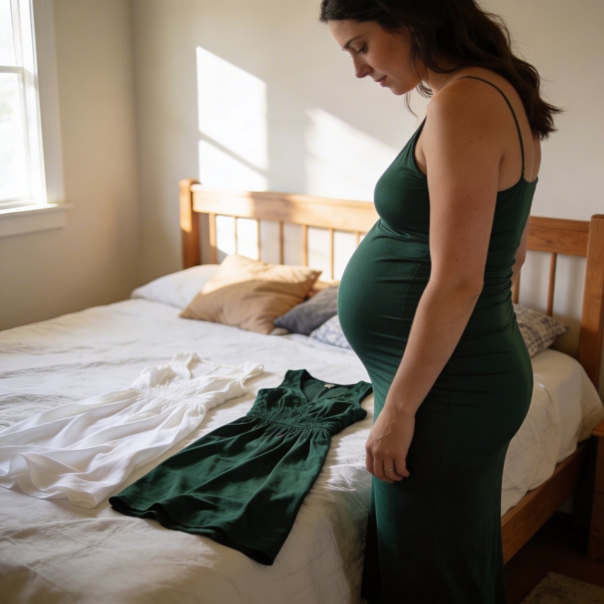 Future maman préparant sa séance photo grossesse avec tenues et accessoires