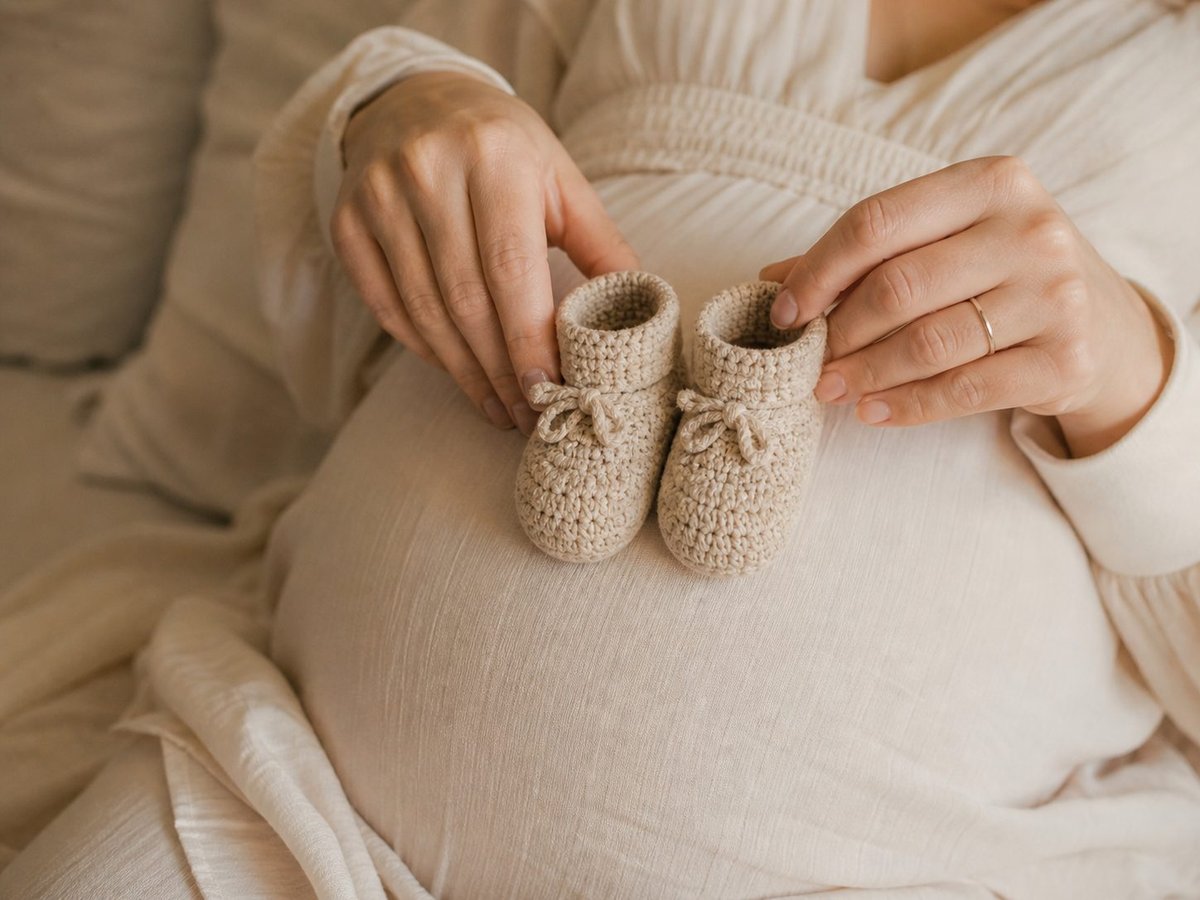 Couple attendant un bébé lors d'une séance photo grossesse en extérieur, tenues harmonisées dans des tons neutres complémentaires